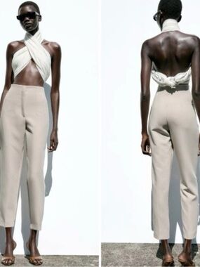 Zara High-Waist Tailored Cropped Pants in Taupe